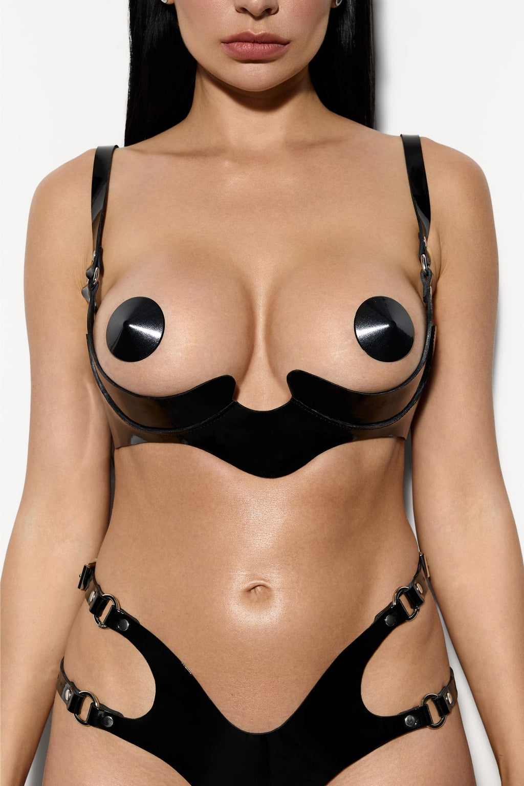 Sakura Lacquer Leather Ouvert Bra in Black