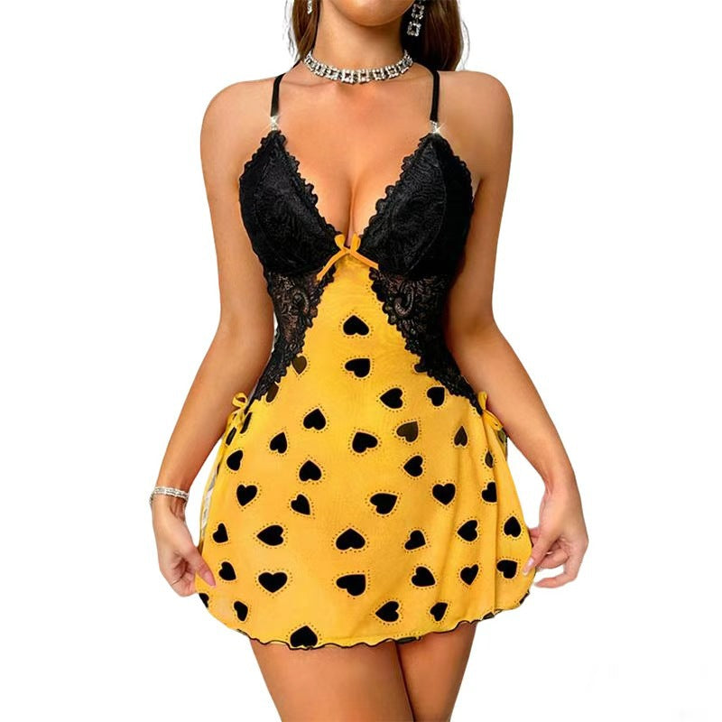 European & American Standard Size Valentine’s Day Heart Print Sexy Pure Style Slip Nightdress Camisole Dress