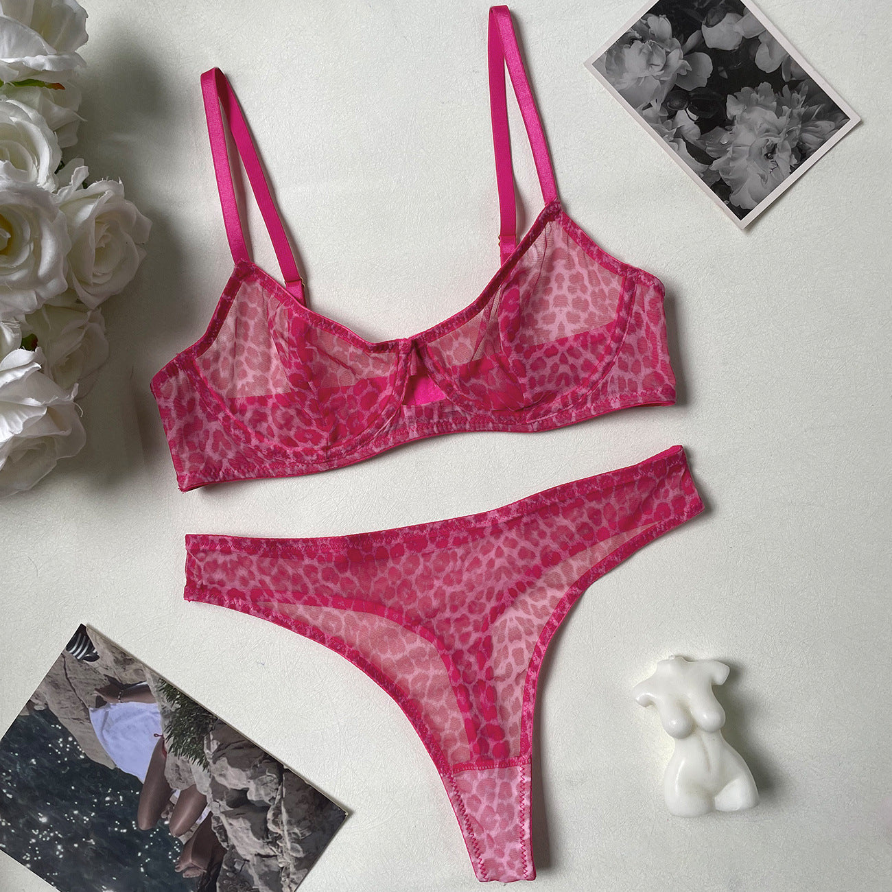 Sexy Leopard Print French Bra Set Ultra-Thin Mesh Sheer Lingerie