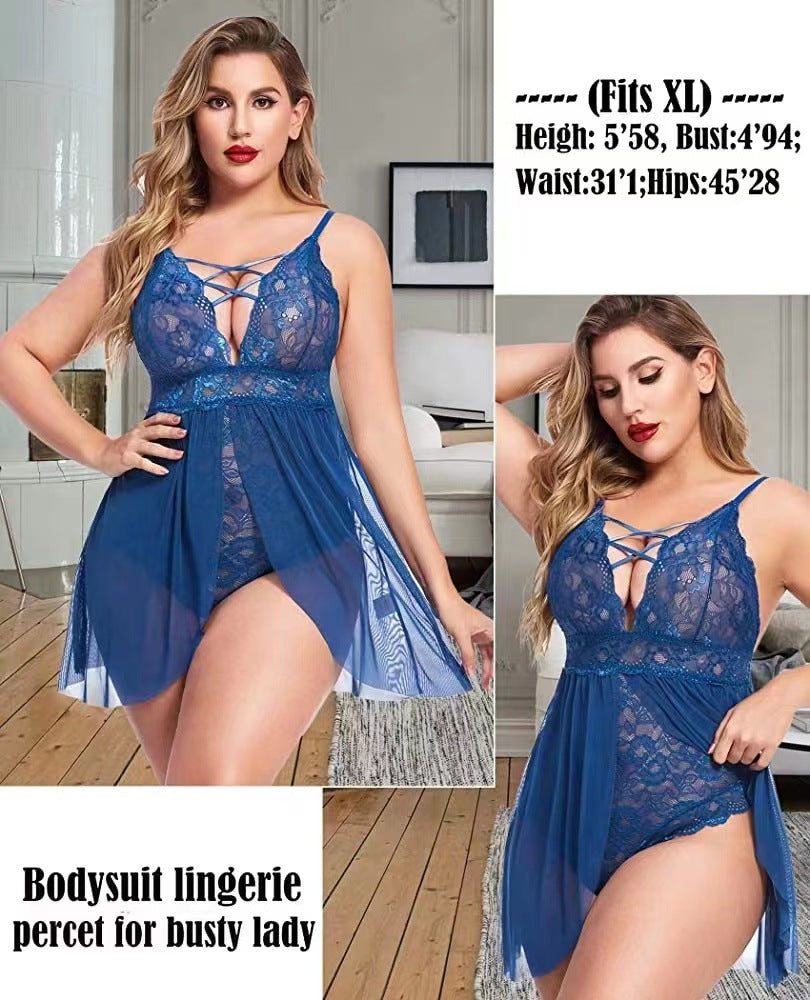 Summer Plus Size Women’s Cami Nightgown Sexy Sheer Two-Piece Look Loungewear Dress