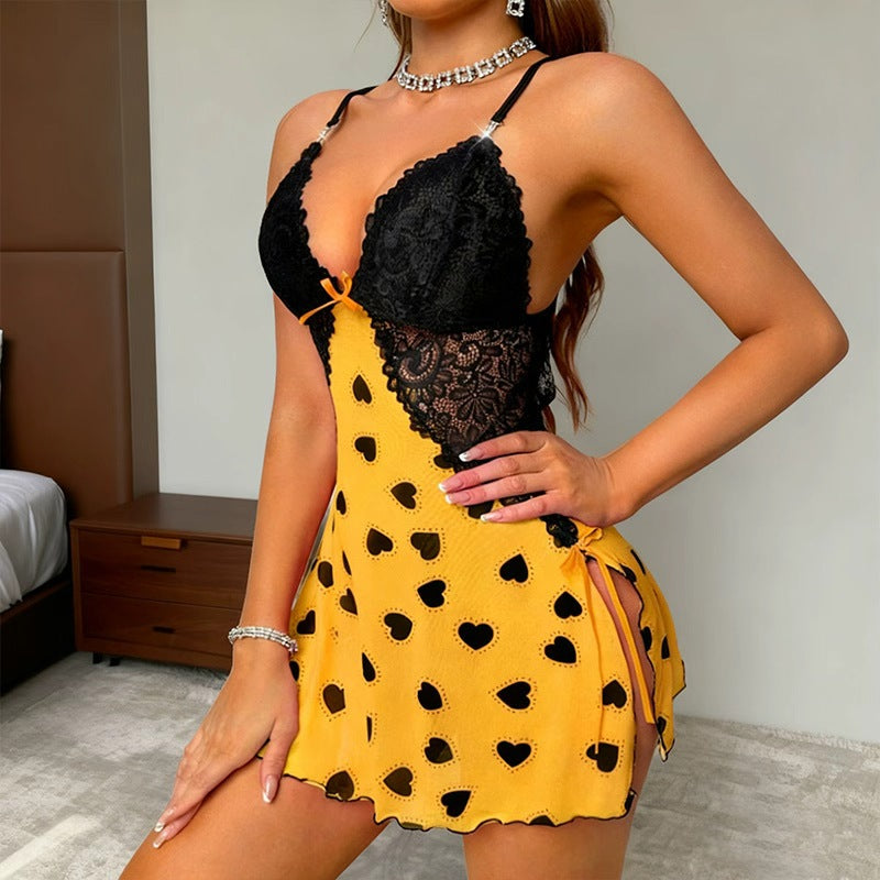 European & American Standard Size Valentine’s Day Heart Print Sexy Pure Style Slip Nightdress Camisole Dress
