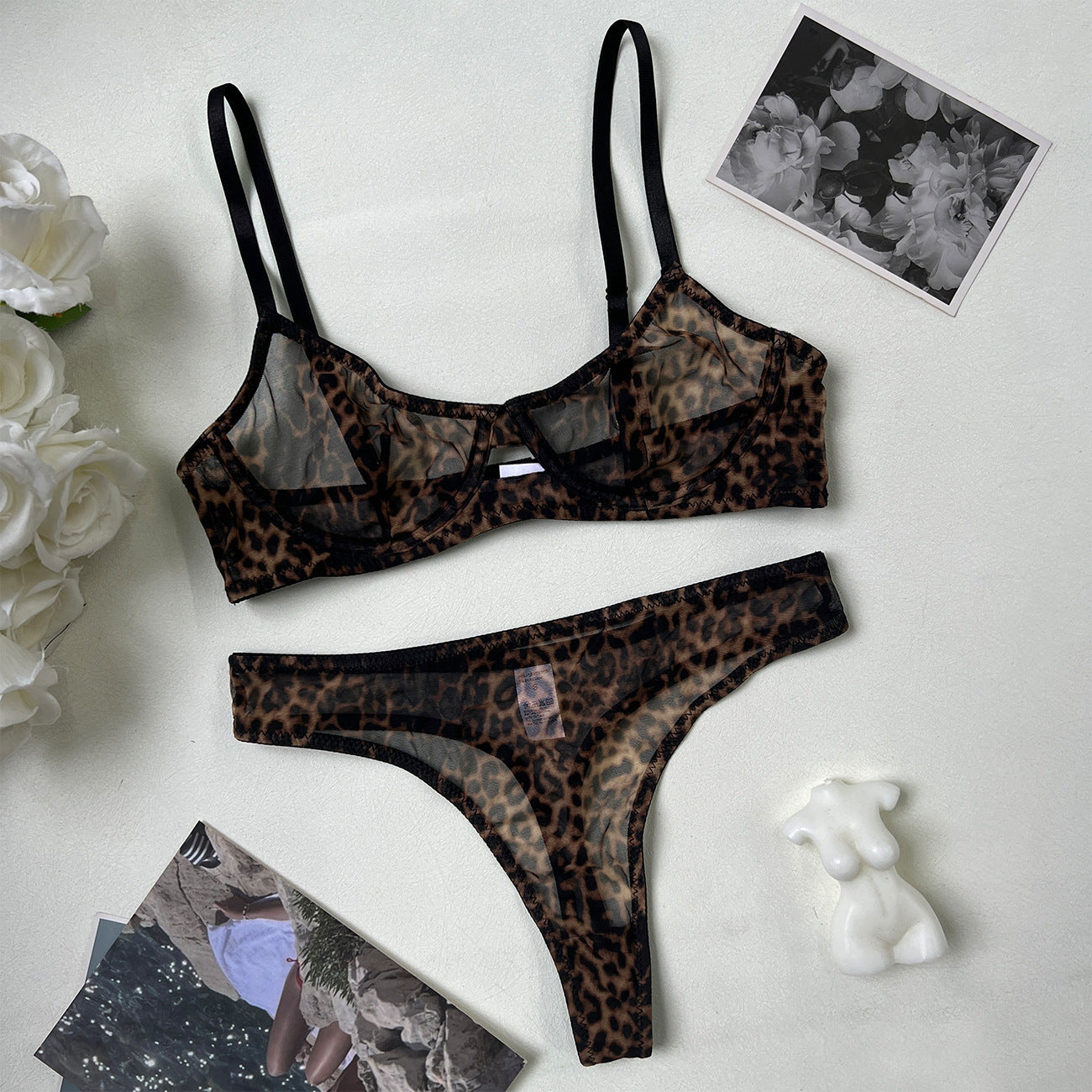 Sexy Leopard Print French Bra Set Ultra-Thin Mesh Sheer Lingerie