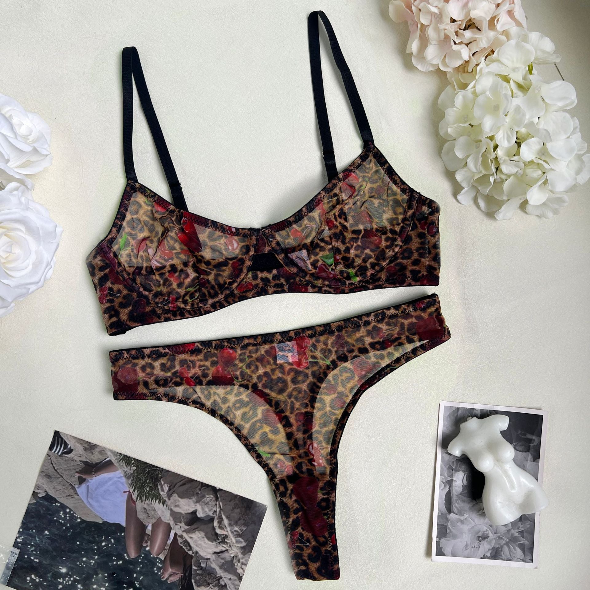 Sexy Leopard Print French Bra Set Ultra-Thin Mesh Sheer Lingerie