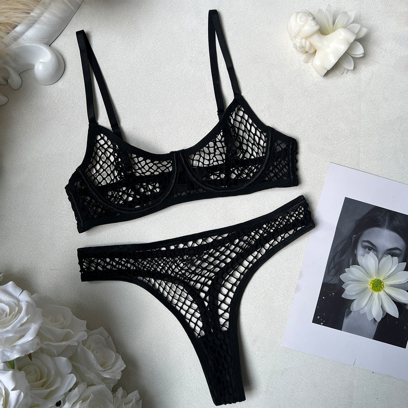 Sexy Leopard Print French Bra Set Ultra-Thin Mesh Sheer Lingerie