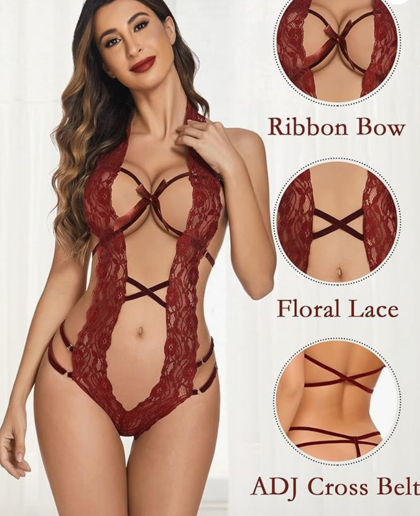 Sexy Lace Cutout Teddy Lingerie with Bow Tie Straps | New Hollow Design Bodysuit